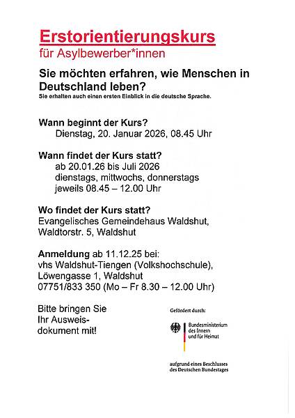 Kursausschreibung für den Erstorientierungskurs in deutscher Sprache.